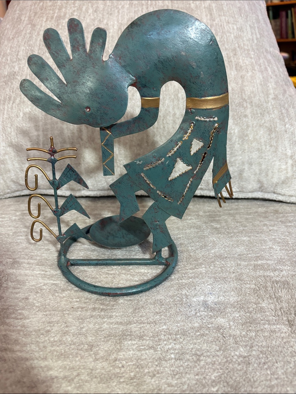 Source Unknown Turquoise and Gold Kokopelli Metal Sculpture